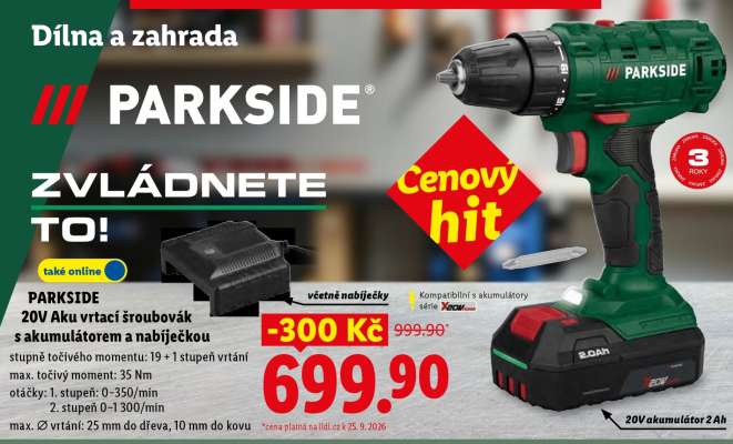PARKSIDE 20V Aku vrtačí šroubovák s akumulátorem a nabíječkou