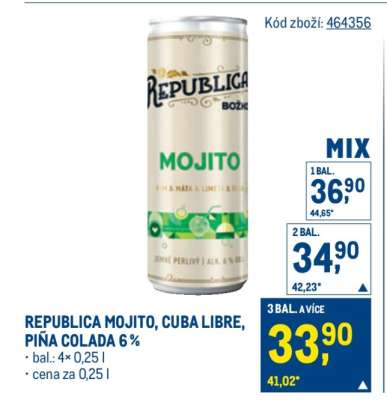REPUBLICA MOJITO, CUBA LIBRE, PIŇA COLADA 6 %