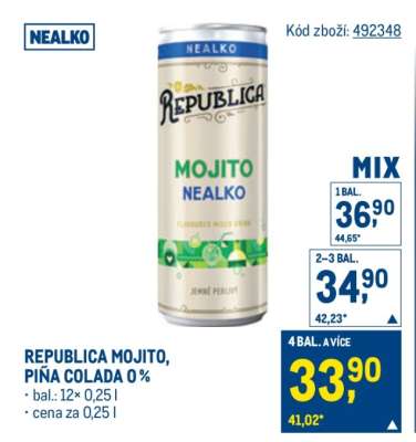 REPUBLICA MOJITO, PIŇA COLADA 0 %