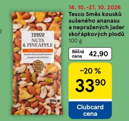 Tesco Směs kousků sušeného ananasu a nepražených jader skořápkových plodů 100 g