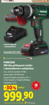 PARKSIDE 20V Aku příklepová vrtačka s akumulátorem a nabíječkou