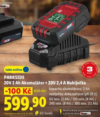 PARKSIDE 20V 2 Ah Akumulátor + 20V 2,4 A Nabíječka