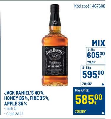 JACK DANIEL'S 40 %, HONEY 35 %, FIRE 35 %, APPLE 35 %
