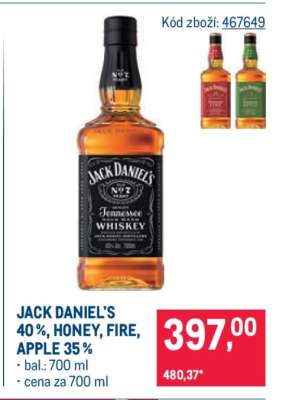 JACK DANIEL'S 40 %, HONEY, FIRE, APPLE 35 %