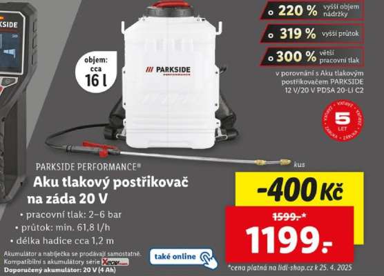 PARKSIDE PERFORMANCE® Aku tlakový postřikovač na záda 20 V