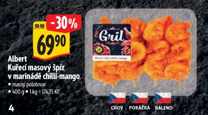 Albert Kuřecí masový špíz v marinádě chilli mango