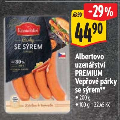 Albertovo uzenářství Premium Vepřové párky se sýrem