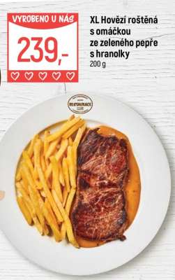 XL Hovězí roštěná s omáčkou ze zeleného pepře s hranolky