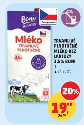 TRVANLIVÉ PLNOTUČNÉ MLÉKO BEZ LAKTÓZY 3,5% BONI