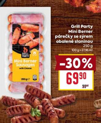 Grill Party Mini Berner párečky se sýrem obalené slaninou