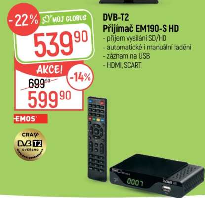 DVB-T2 přijímač EM190-S HD