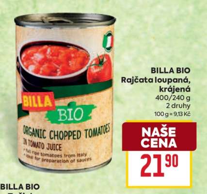 BILLA BIO Rajčata loupaná, krájená