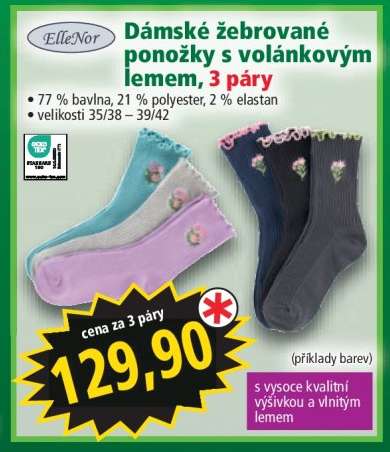 Dámské žebrované ponožky s volánkovým lemem, 3 páry